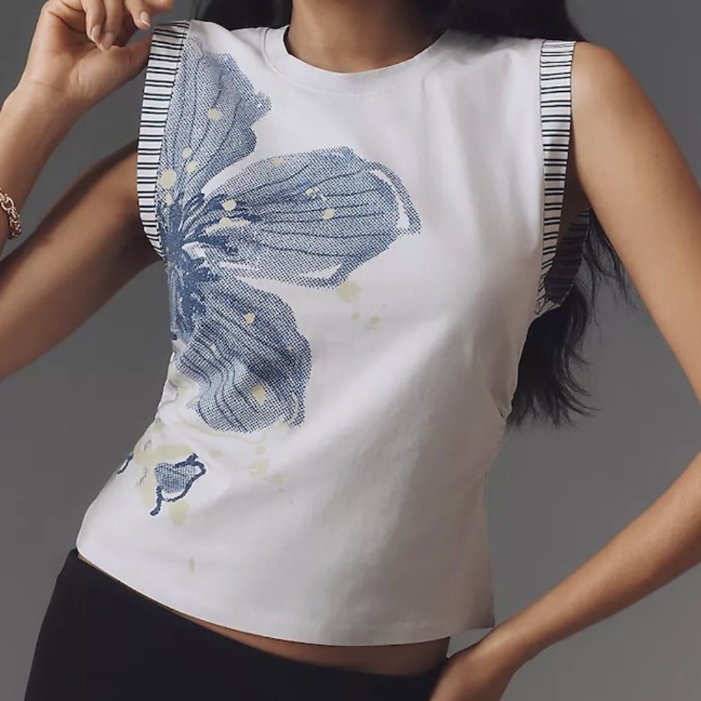 Pilcro White Muscle Tee with Blue Floral Print